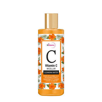Vitamin C micellar cleansing water bottle with floral design on a white background