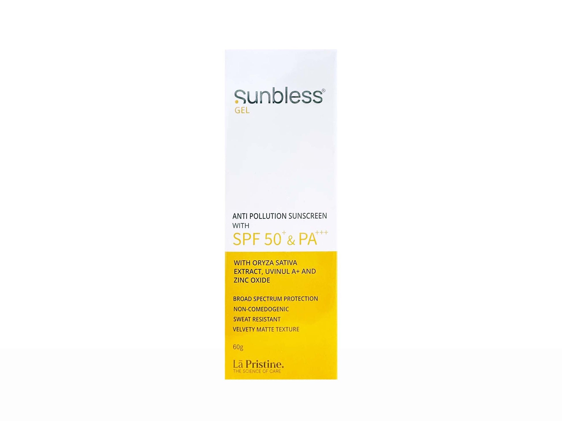 Sunless anti-pollution sunscreen gel packaging on a white background