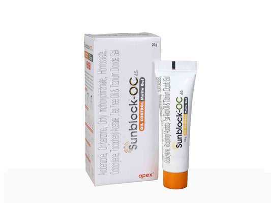 Sunblock-OC packaging including box and tube on a white background
