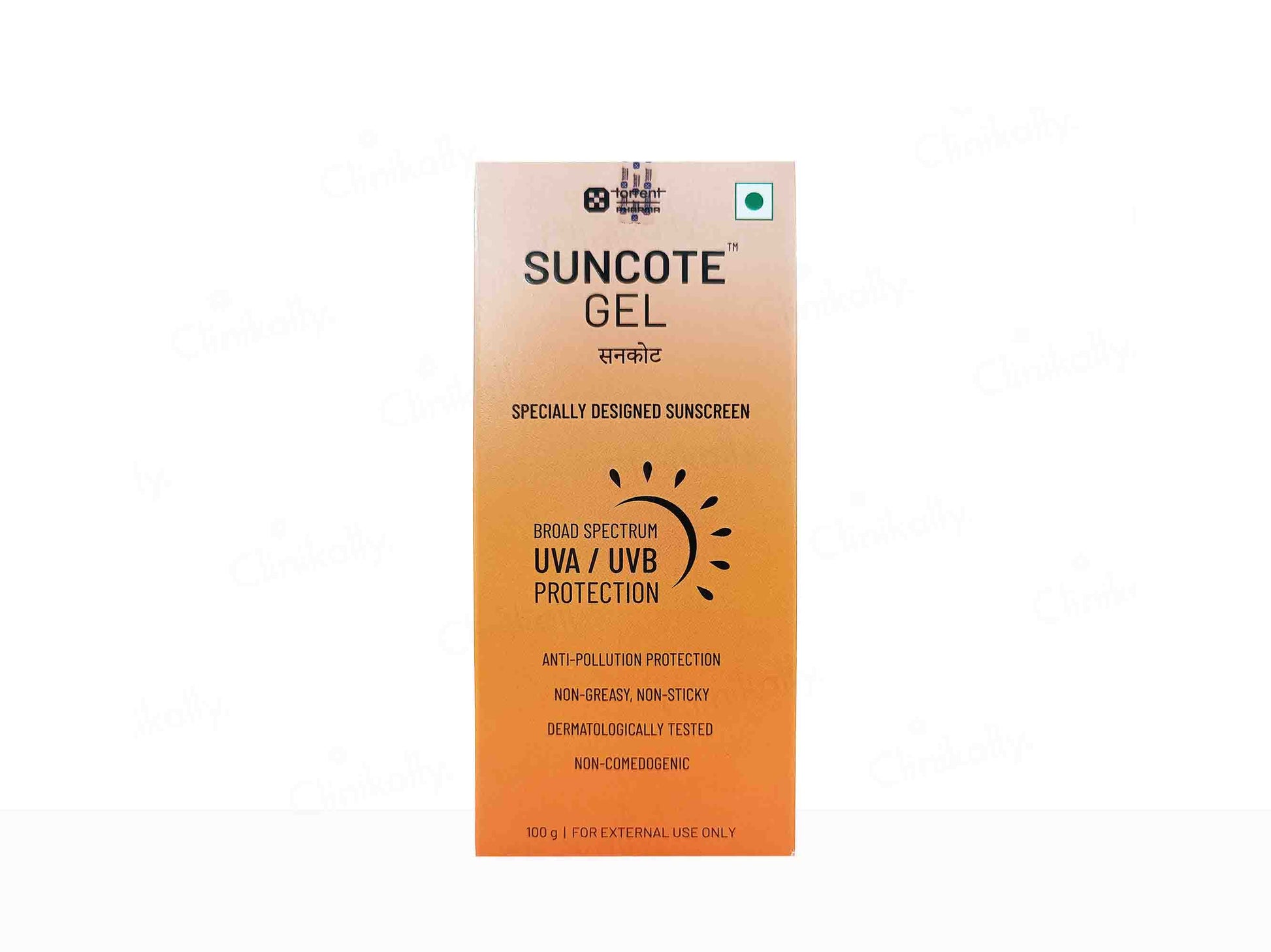 Suncote Gel packaging with branding and product information on a white background