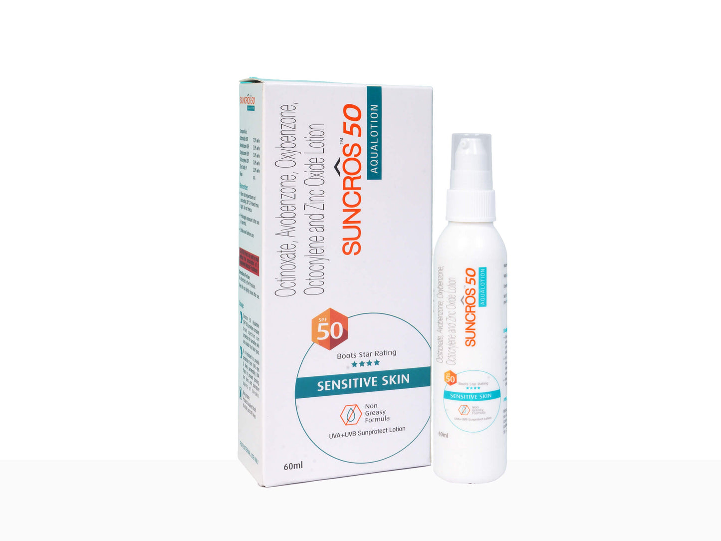 Suncross 50 sunscreen bottle and packaging on a white background