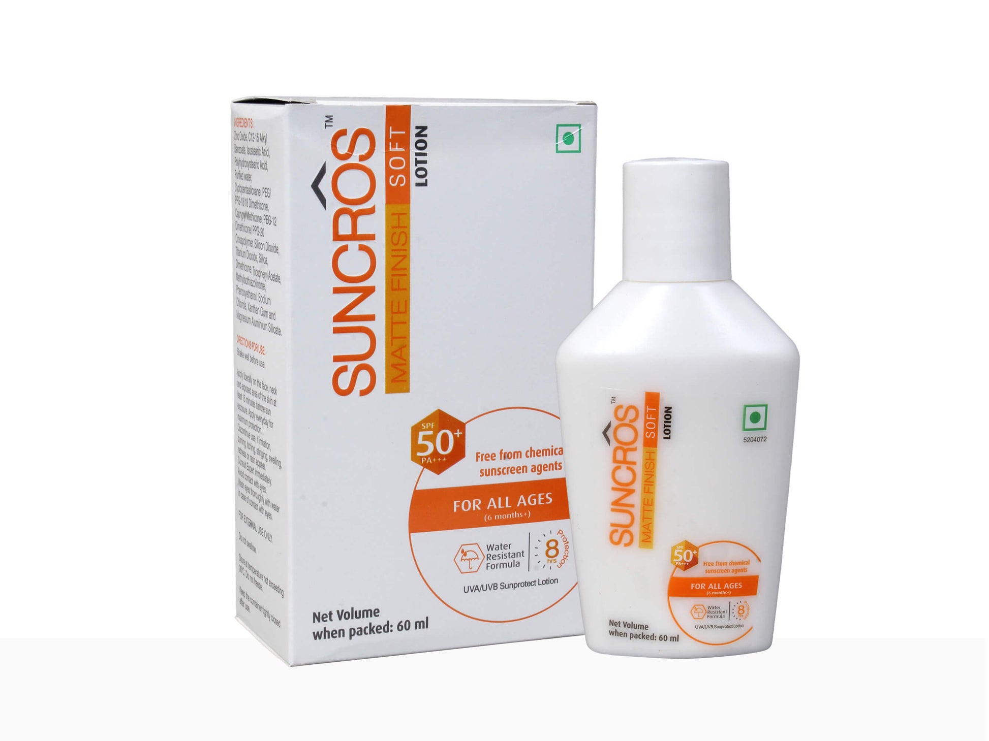 Suncros lotion bottle and packaging on a white background