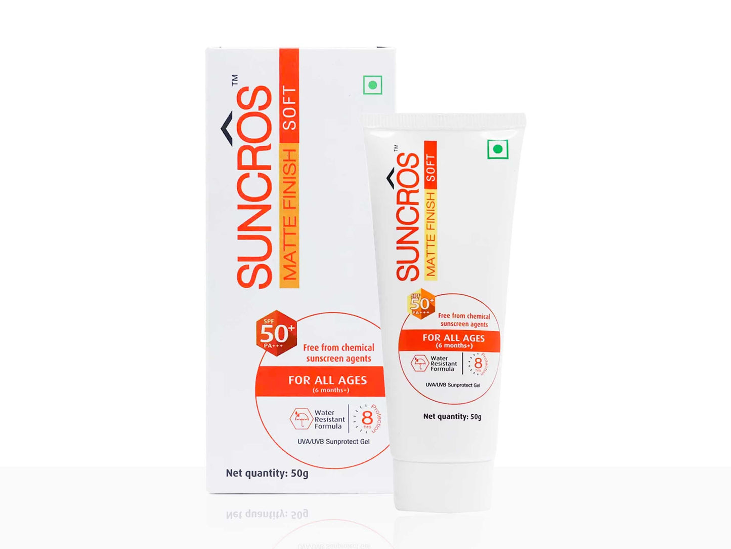 Suncros sunscreen packaging with tube and box on a white background