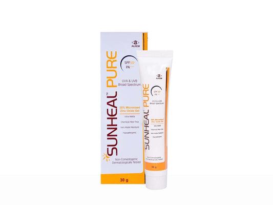Sunheal Pure sunscreen tube and packaging on a white background