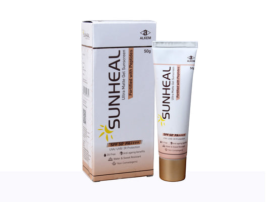 Sunheal sunscreen gel with packaging on a white background