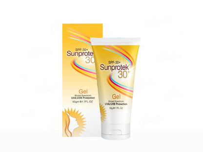 Sun protek SPF 30+ gel packaging on a white background