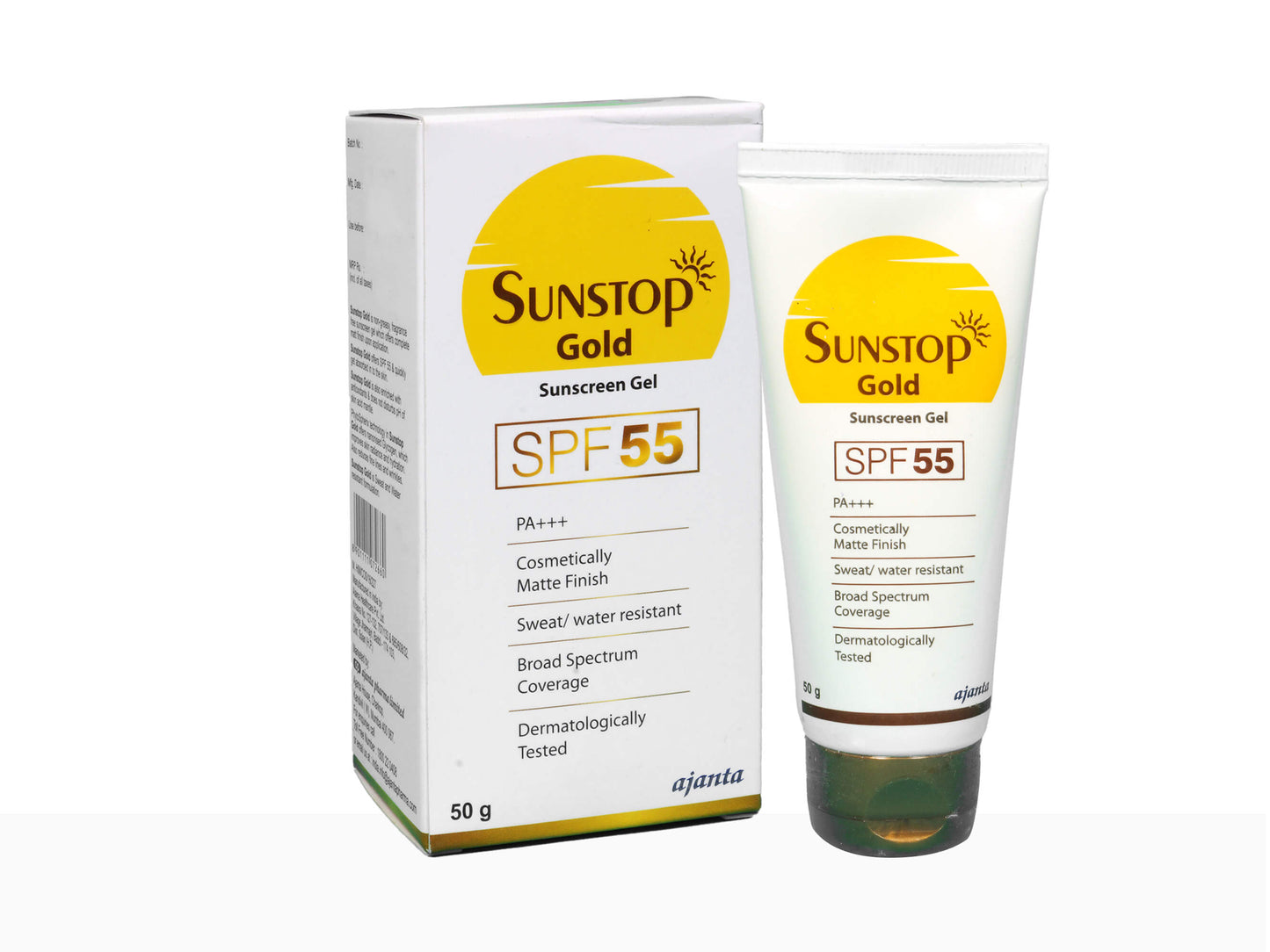Sunstop Gold sunscreen gel with packaging on a white background