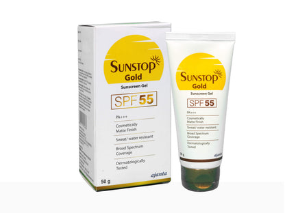 Sunstop Gold sunscreen gel with packaging on a white background