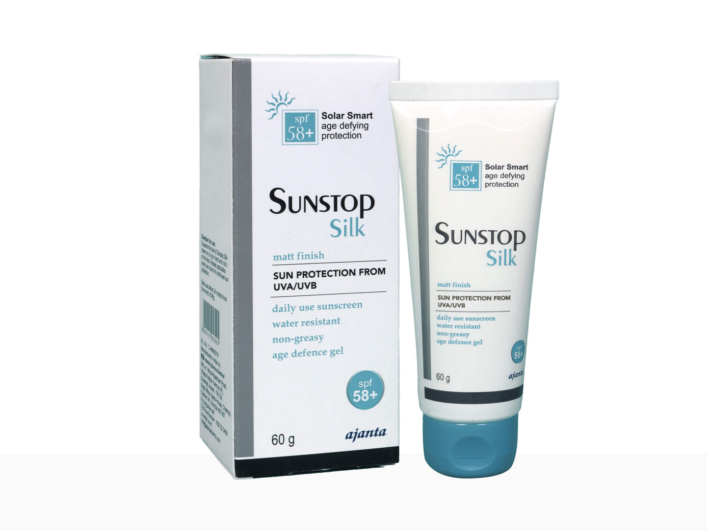 Sunstop Silk sunscreen tube and packaging on a white background