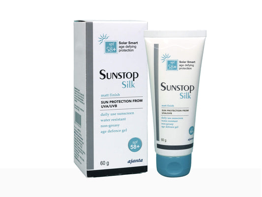 Sunstop Silk sunscreen tube and packaging on a white background