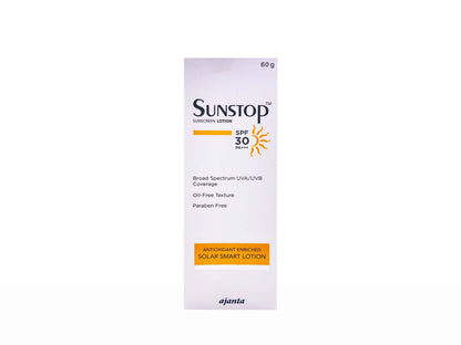 Sunstop sunscreen lotion packaging on a white background