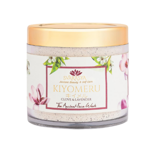 Jar of Kiyomeru face wash with gold lid on a white background