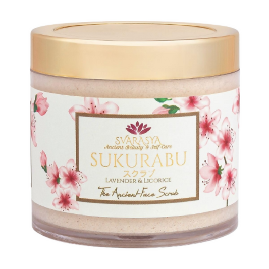 Jar of Sukurabu face scrub with floral design and gold lid on a white background