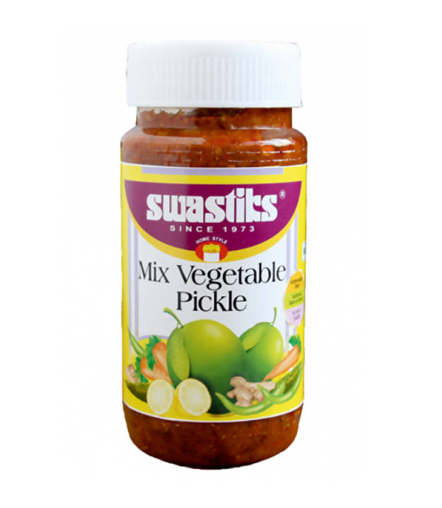 Jar of Swastits Mix Vegetable Pickle on a white background