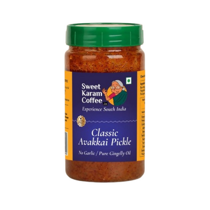 Jar of Sweet Karam Coffee Classic Avakkai Pickle on a white background