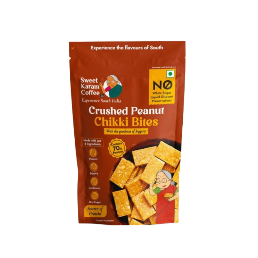 Packaging of Sweet Karam Coffee Crushed Peanut Chikki Bites on a white background
