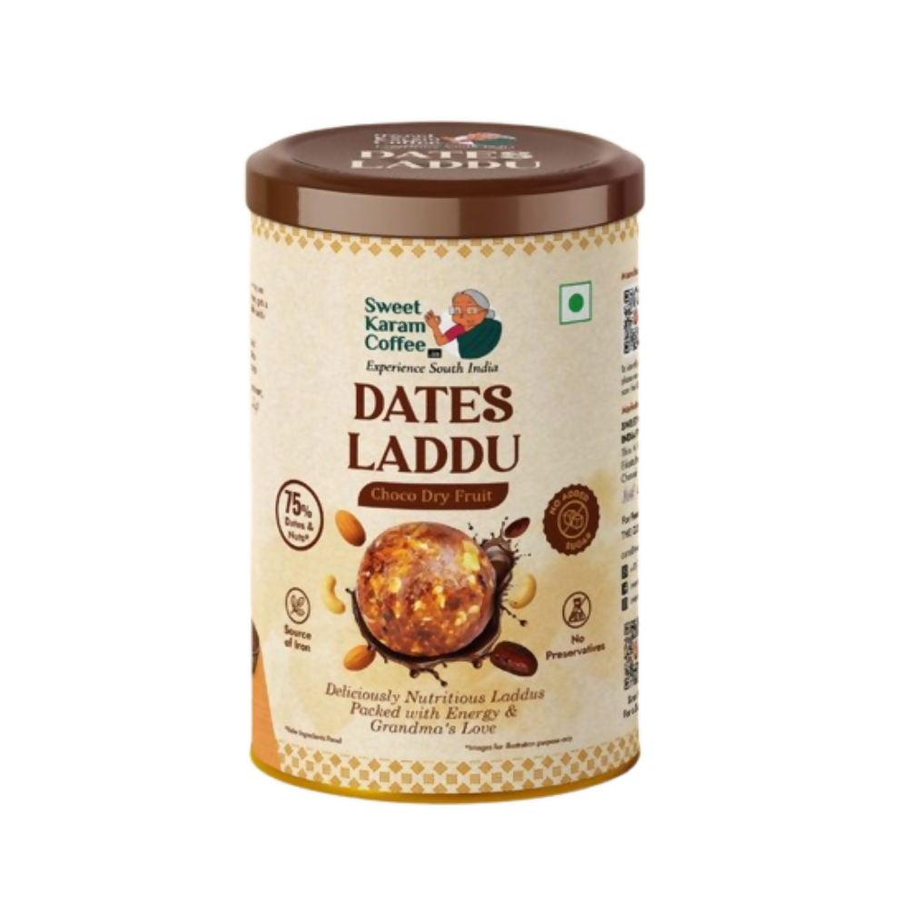 Container of Sweet Karam Coffee Dates Laddu on a white background