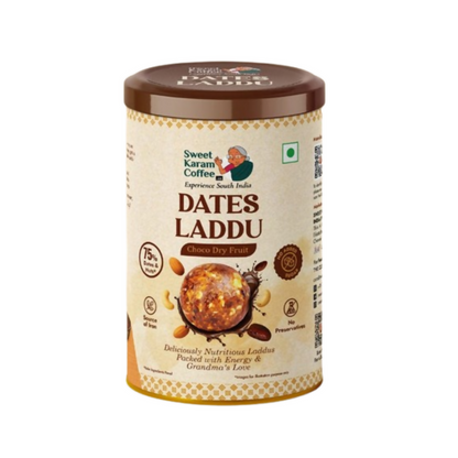 Container of Sweet Karam Coffee Dates Laddu on a white background