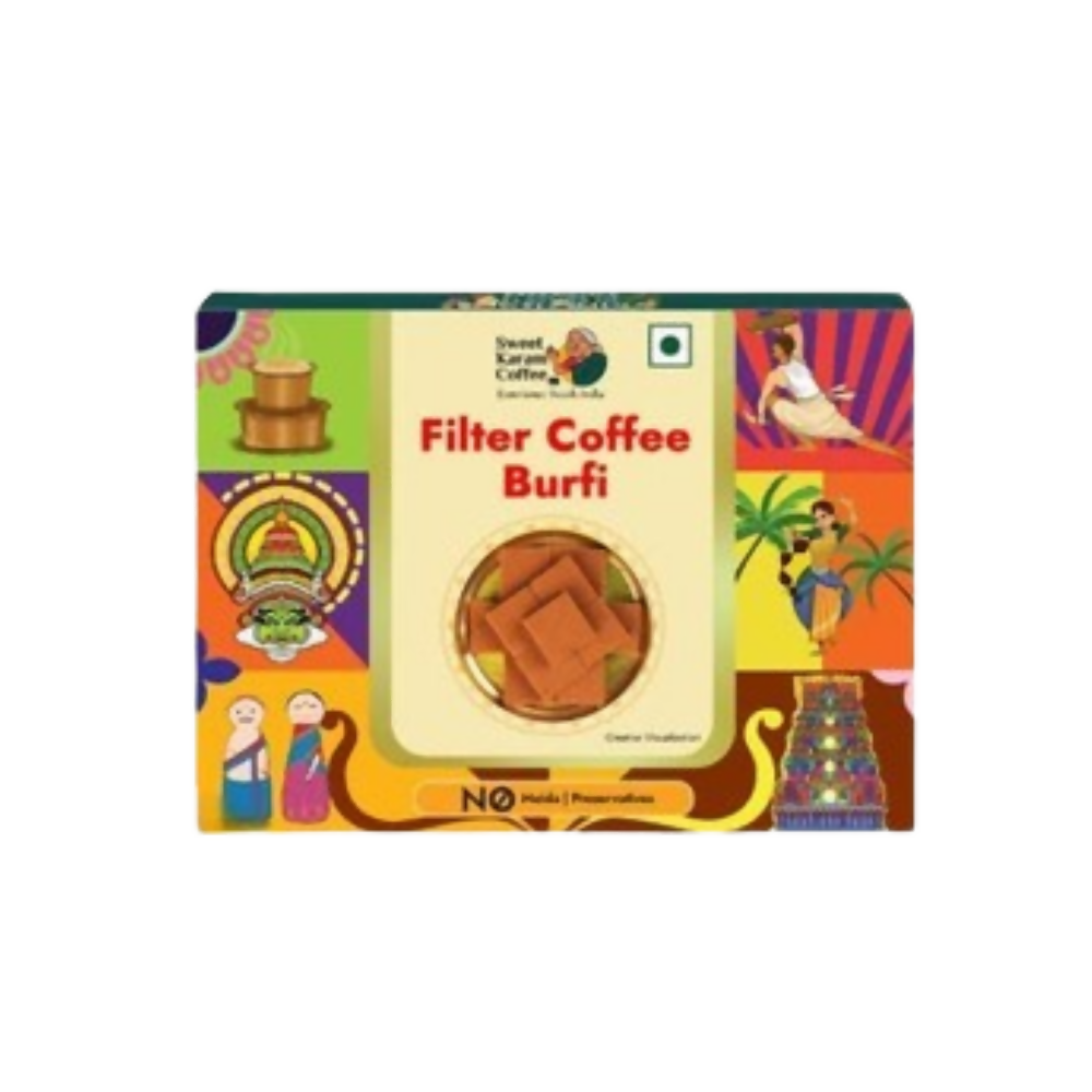 Colorful packaging of Filter Coffee Burfi with traditional designs and text.