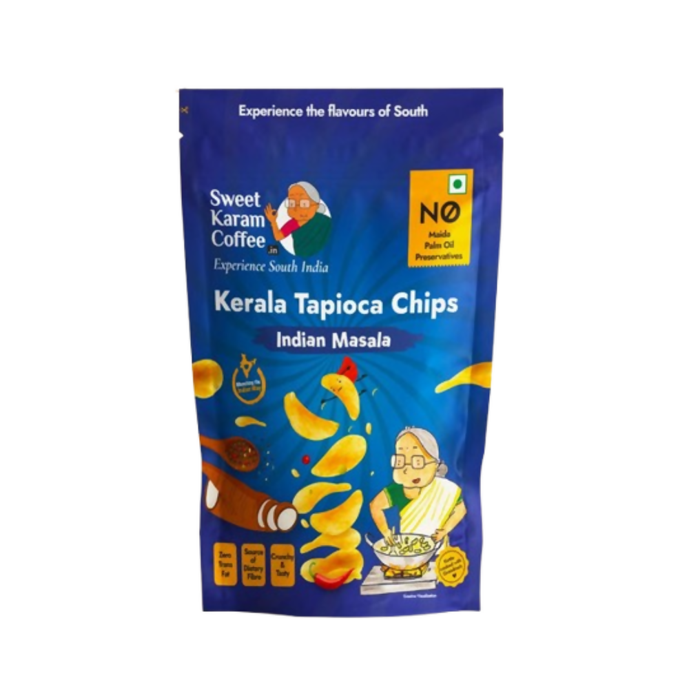 Kerala tapioca chips packaging with branding on a white background
