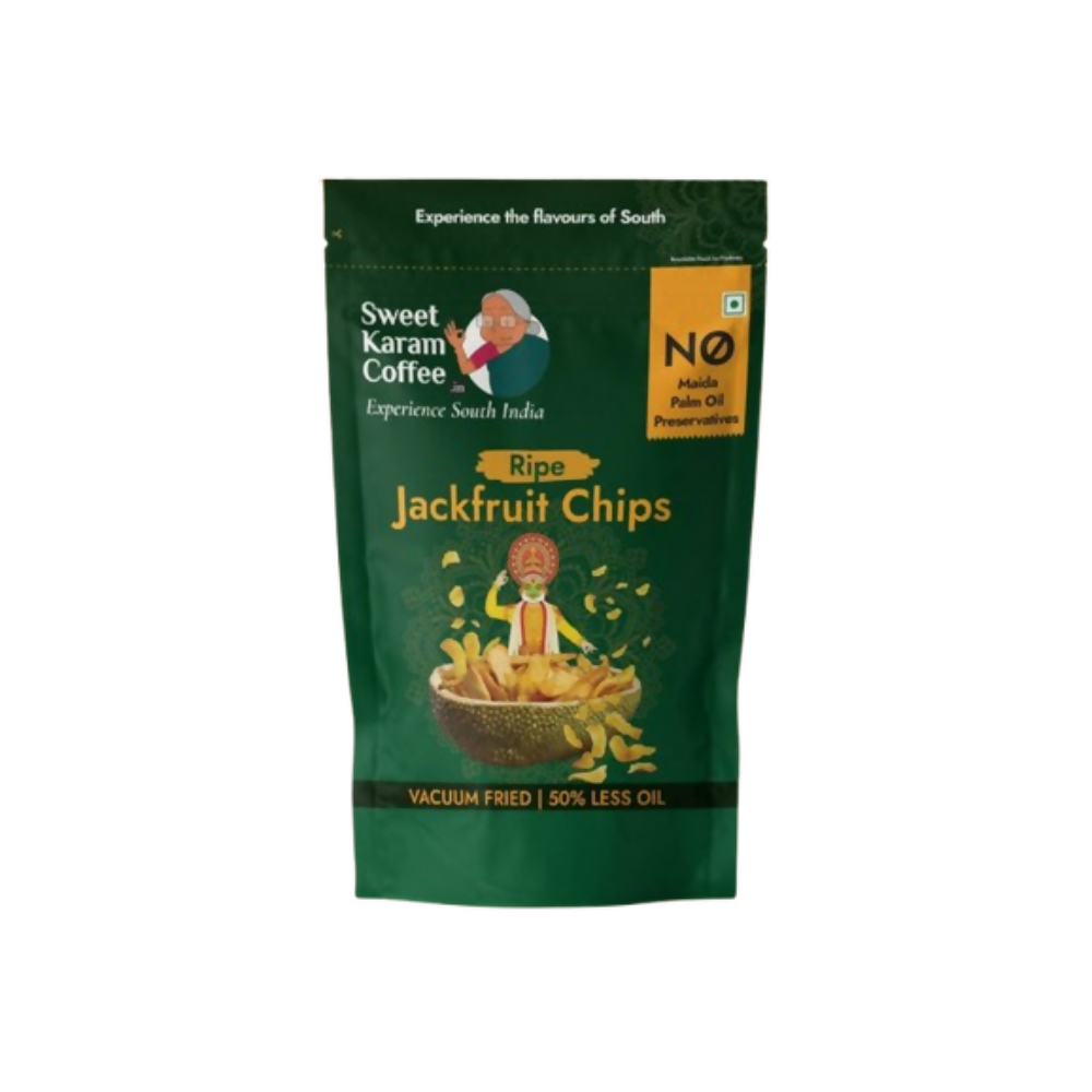 Green package of Sweet Karam Coffee Ripe Jackfruit Chips on a white background