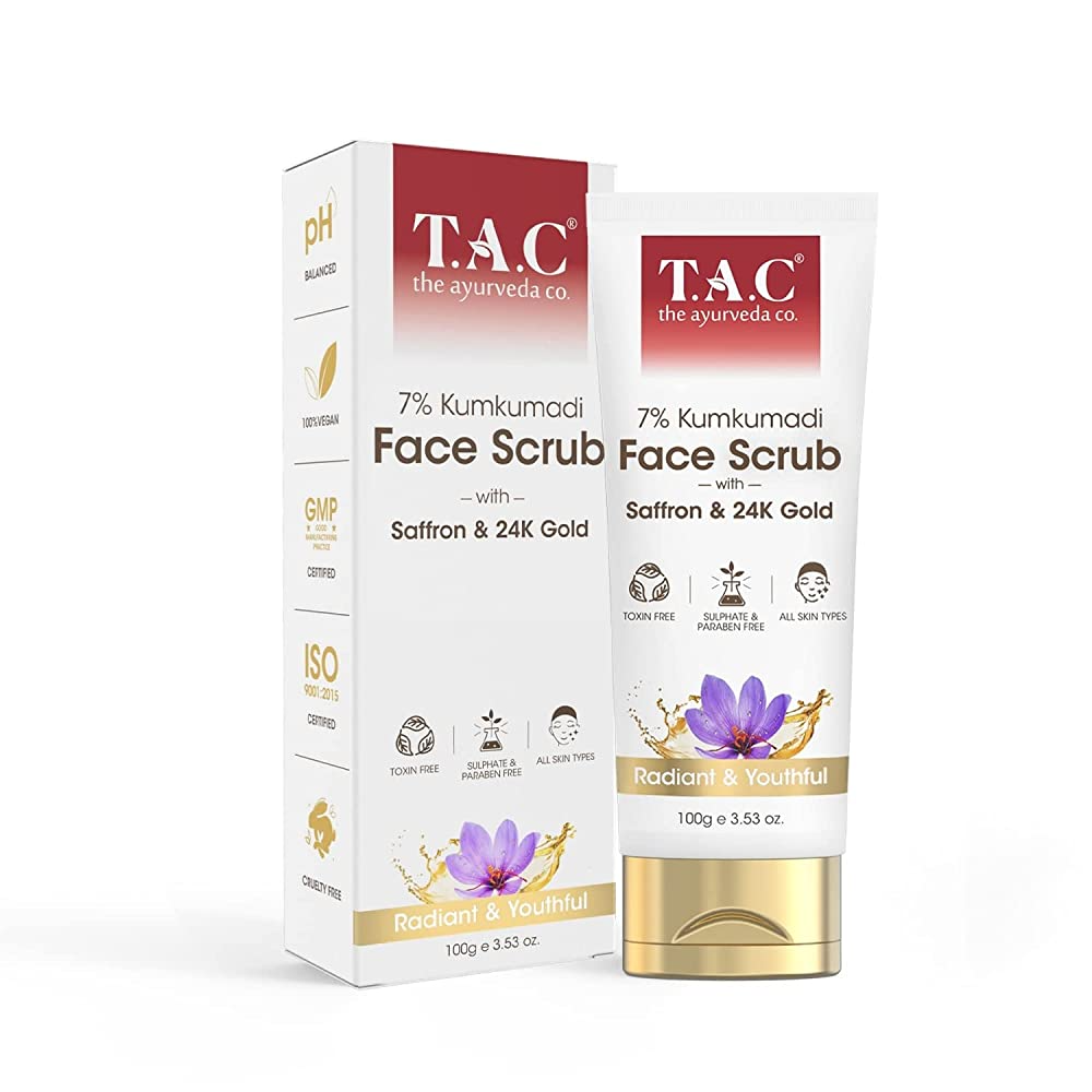T.A.C. 7% Kumkumadi Face Scrub with Saffron & 24K Gold packaging on a white background