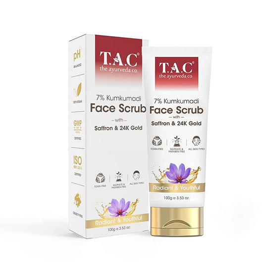 T.A.C. 7% Kumkumadi Face Scrub with Saffron & 24K Gold packaging on a white background