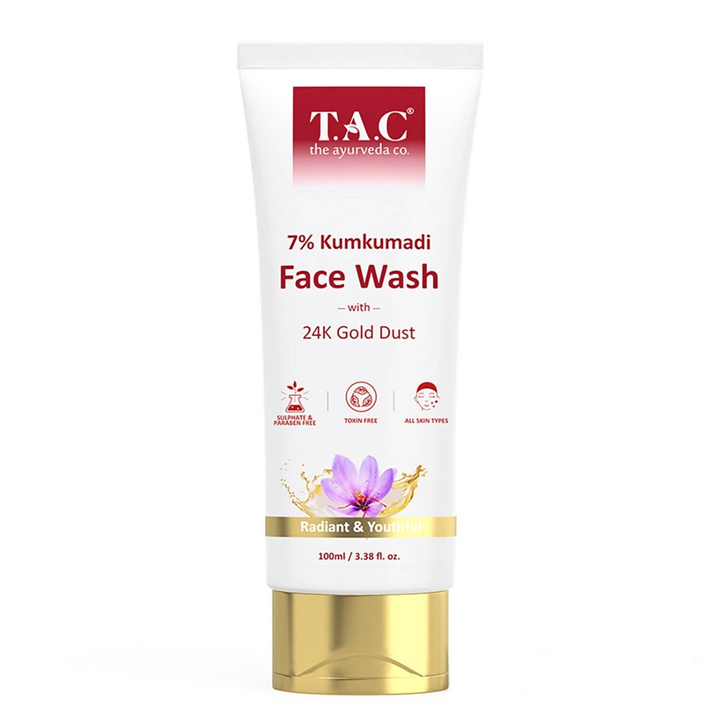 T.A.C Kumkumadi Face Wash tube with gold cap on a white background