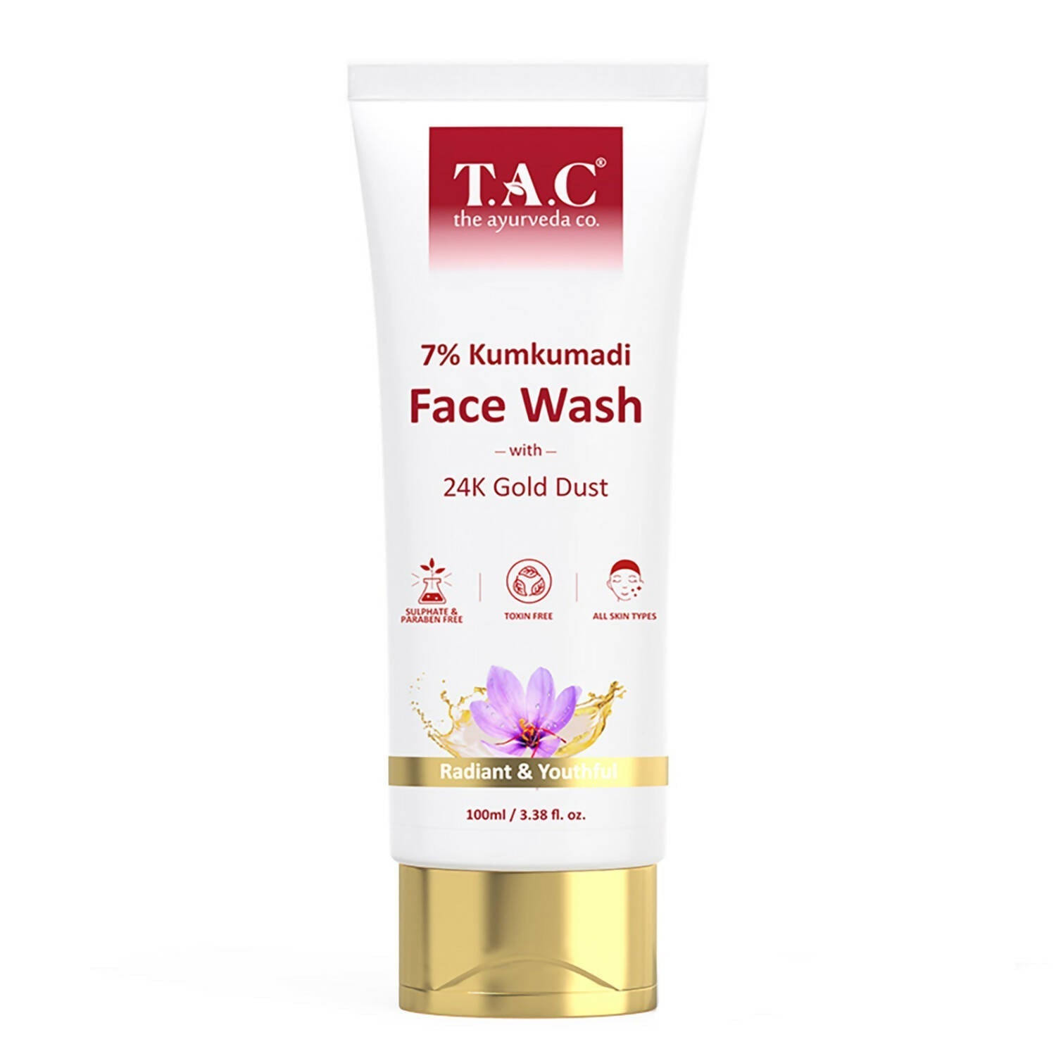 T.A.C Kumkumadi Face Wash tube with gold cap on a white background