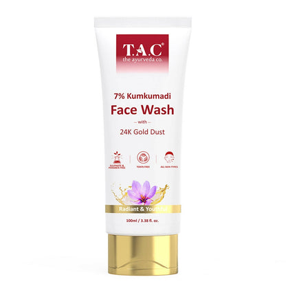 T.A.C Kumkumadi Face Wash tube with gold cap on a white background