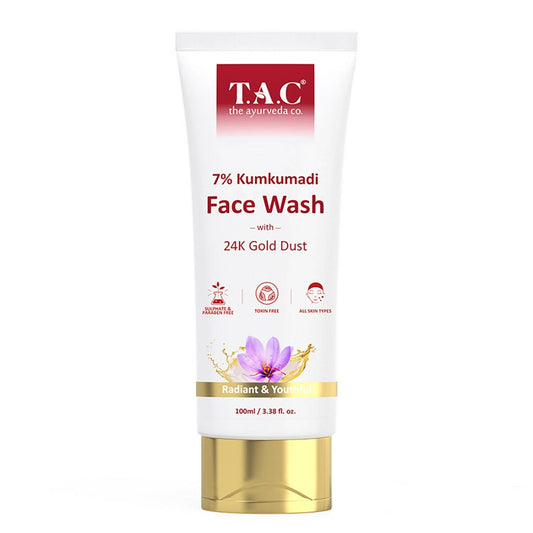 T.A.C Kumkumadi Face Wash tube with gold cap on a white background