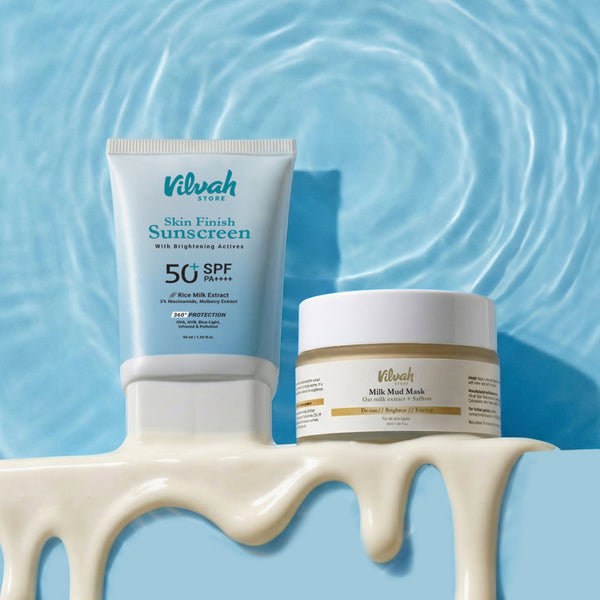 Vivah skincare products on a blue background with water effect
