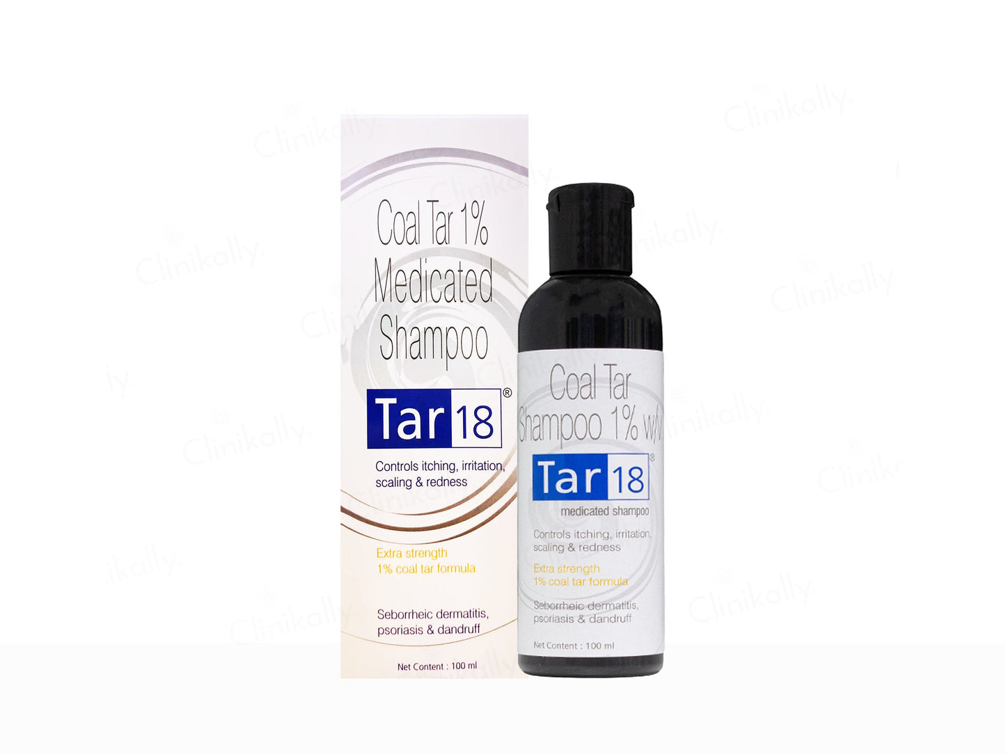 Coal Tar 1% Medicated Shampoo bottle and packaging with 'Tar18' branding on a white background.
