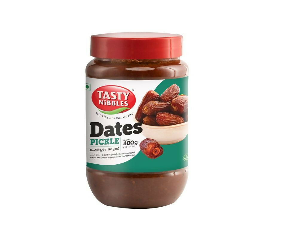 Jar of Tasty Nibbles Dates Pickle with a red lid on a white background
