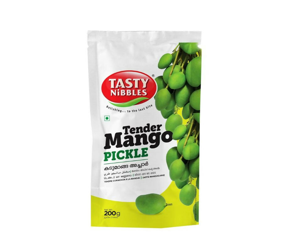 Tasty Nibbles Tender Mango Pickle packaging on a white background