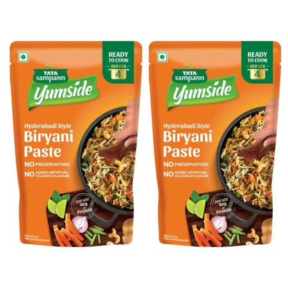 Two packages of Tata Sampann Yumside Hyderabadi Style Biryani Paste on a white background