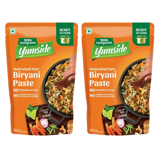 Two packages of Tata Sampann Yumside Hyderabadi Style Biryani Paste on a white background