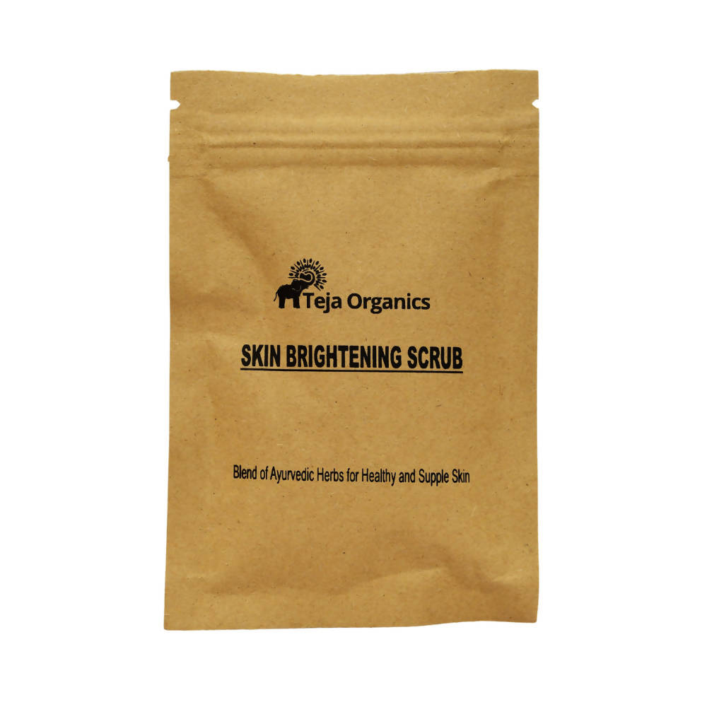Brown paper bag with 'Teja Organics' branding and product description on a white background