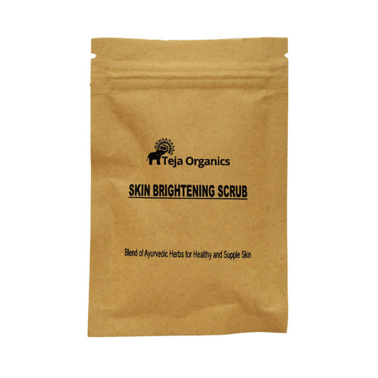 Brown paper bag with 'Teja Organics' branding and product description on a white background