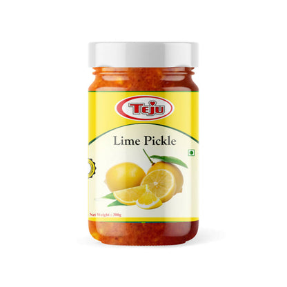 Jar of Teju Lime Pickle on a white background