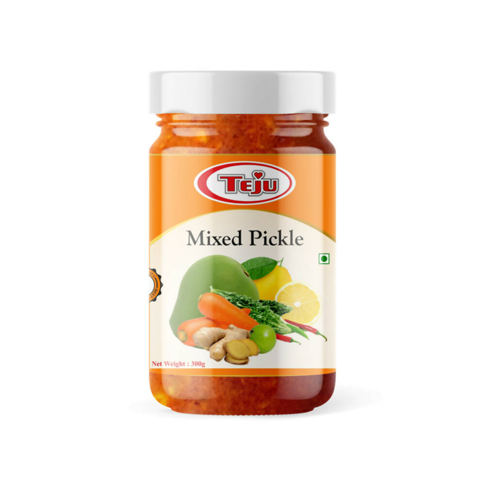 Jar of Teju Mixed Pickle on a white background