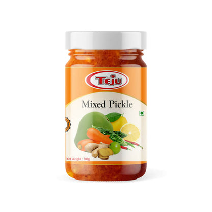 Jar of Teju Mixed Pickle on a white background