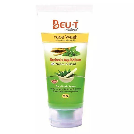 Tube of BEUT Natural Face Wash with green label on a white background