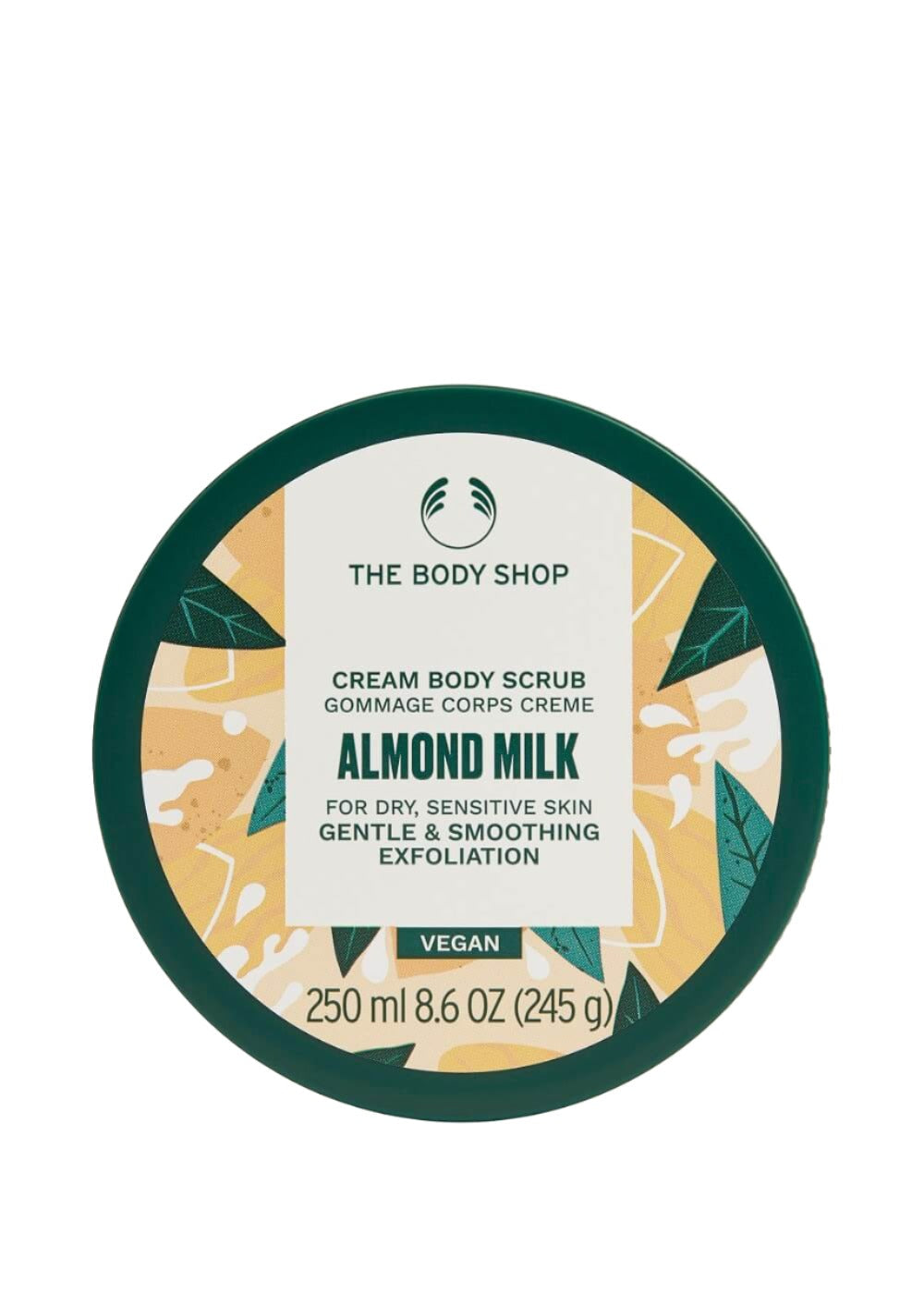 The Body Shop Almond Milk cream body scrub packaging on a white background