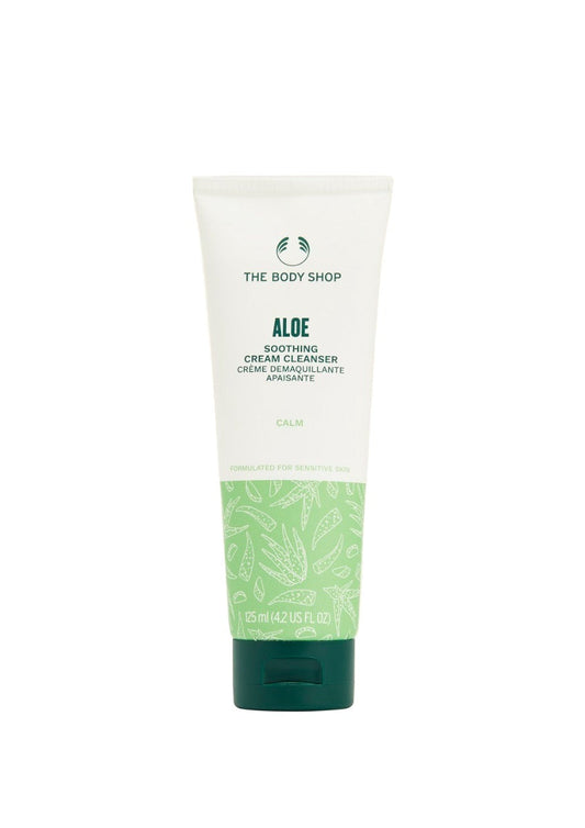 Tube of The Body Shop Aloe Soothing Cream Cleanser on a white background