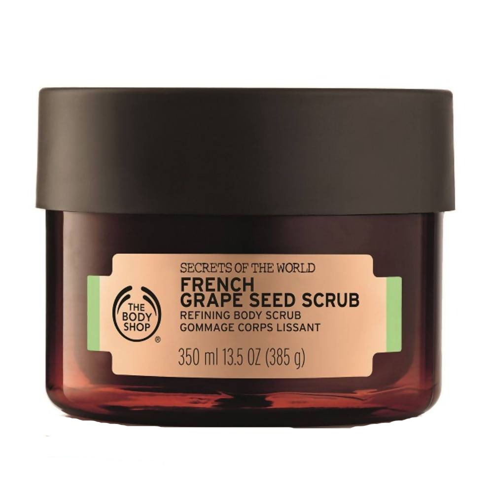 Jar of French Grape Seed Scrub from The Body Shop on a white background