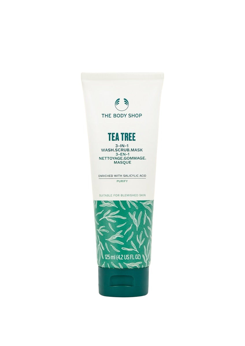 Tube of The Body Shop Tea Tree Skin Clearing Wash Scrub Mask on a white background