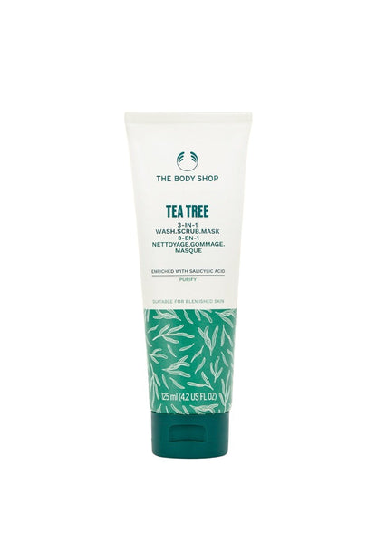 Tube of The Body Shop Tea Tree Skin Clearing Wash Scrub Mask on a white background