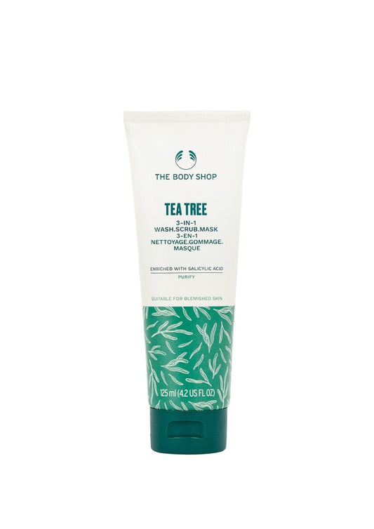 Tube of The Body Shop Tea Tree Skin Clearing Wash Scrub Mask on a white background