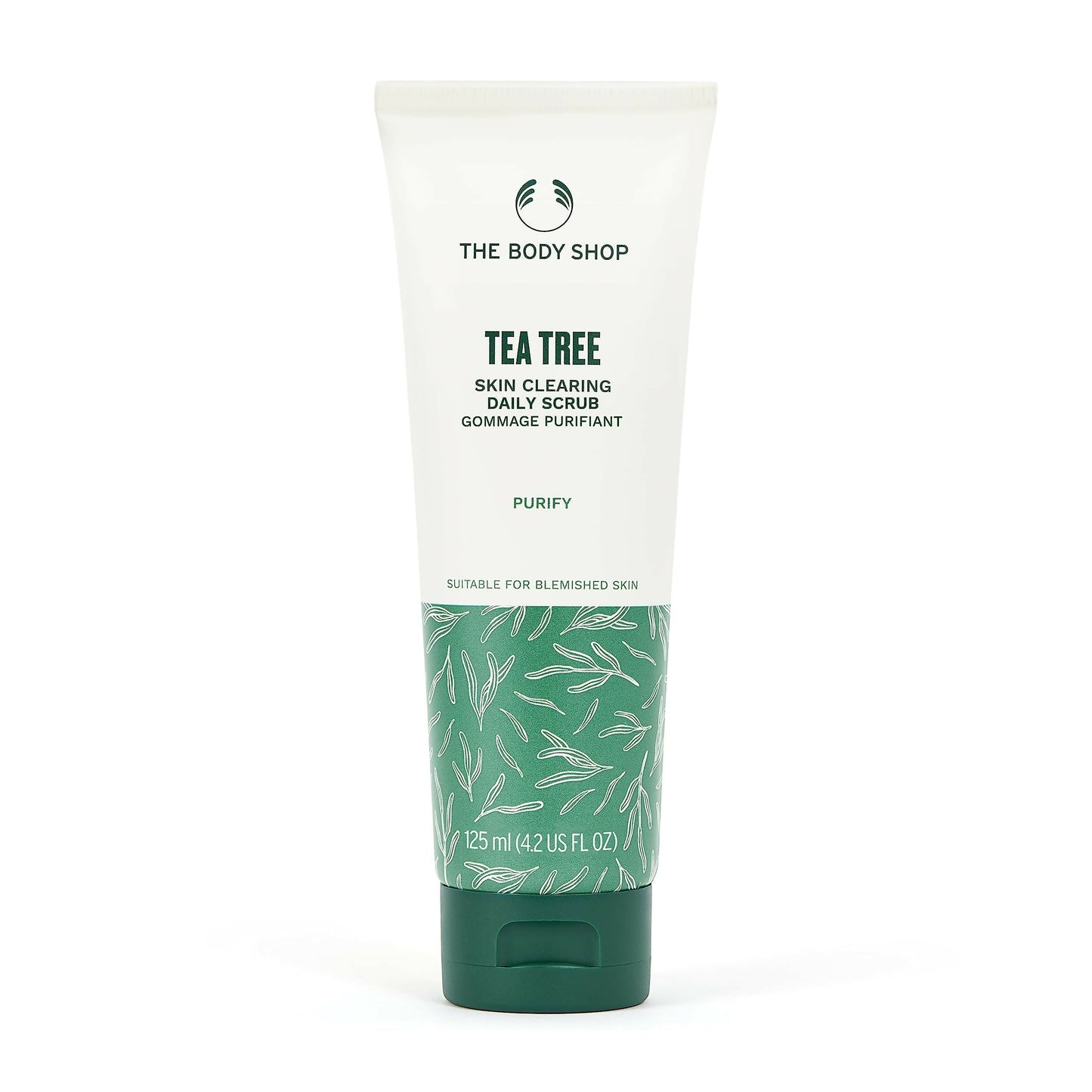 Tube of The Body Shop Tea Tree Skin Clearing Daily Scrub on a white background